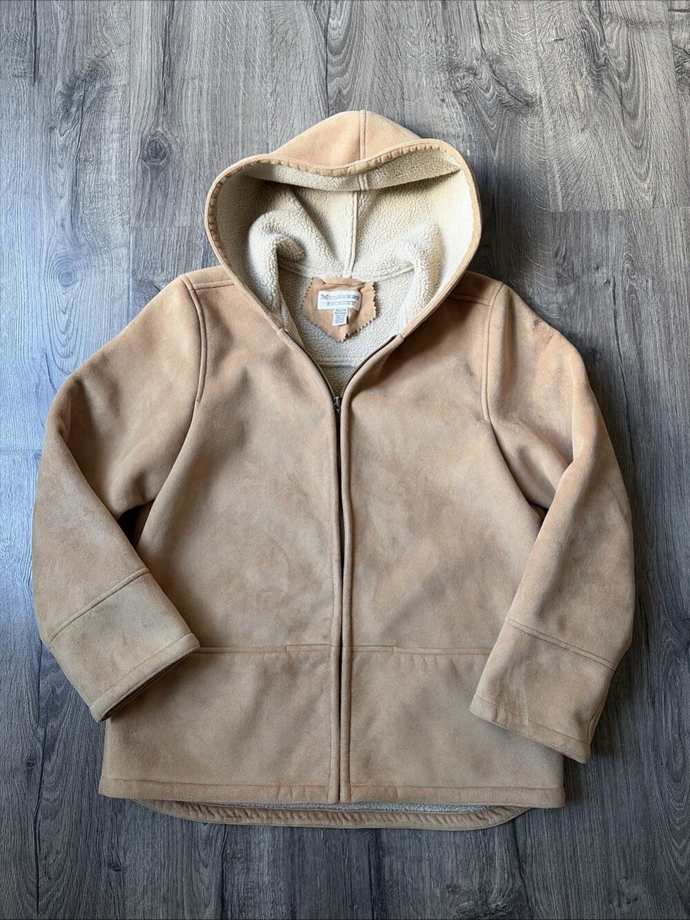 Vintage Mulberry Street Sherpa Lined Hooded Camel Suede Zip Up Jacket Size M